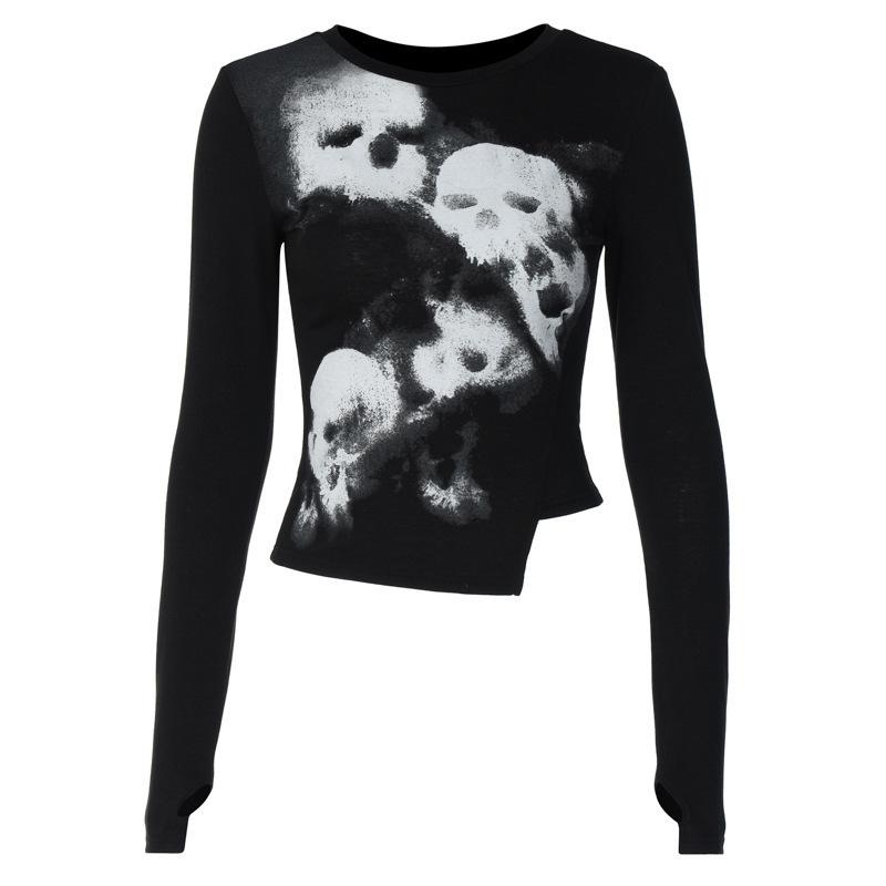 Y2K Retro Women's Exposed Navel Harajuku Abstract Printed Long Sleeved T-shirt Gothic Personalized Irregular Top