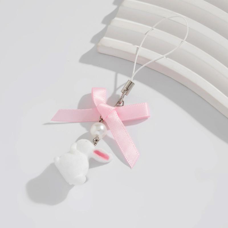 Fashion Sweet Y2K Girls Ribbon Bow Beaded Keychain Alloy Love Heart Star Rabbit Strawberry Pendant Pearls Glass Beads Chains Jewelry Accessories