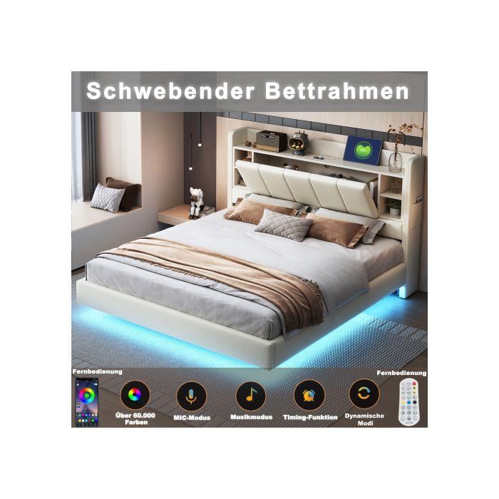 Lit - MUVOE - 140 x 200 cm - Rembourré - Prise USB - Bande lumineuse LED