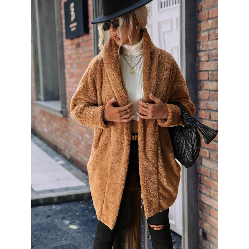 Осеннее и зимнее женское пальто, кардиган, повседневное длинное сплошное цветное пальто без пуговиц, свободное пальто с лацканами