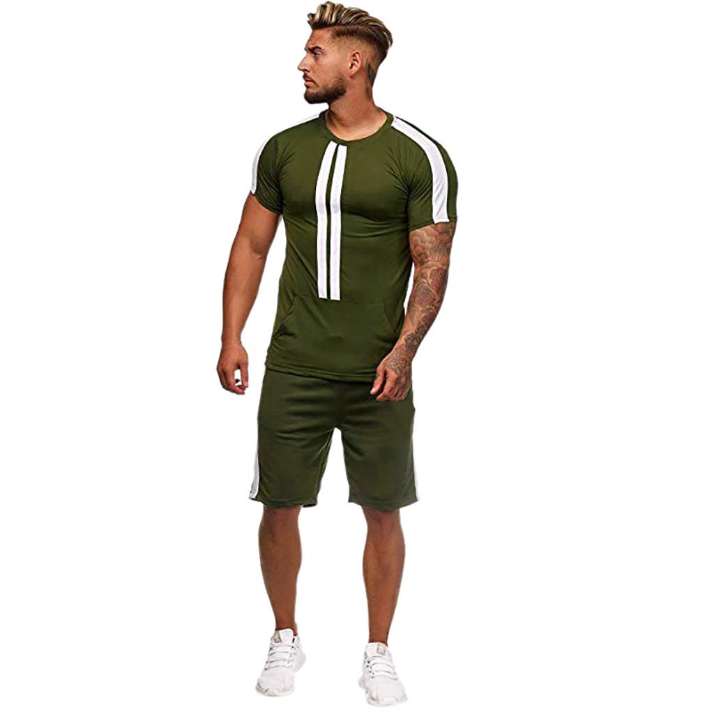 Mens Summer Leisure Stripe Color Collision Short Sleeve Shorts Sports Thin Sets