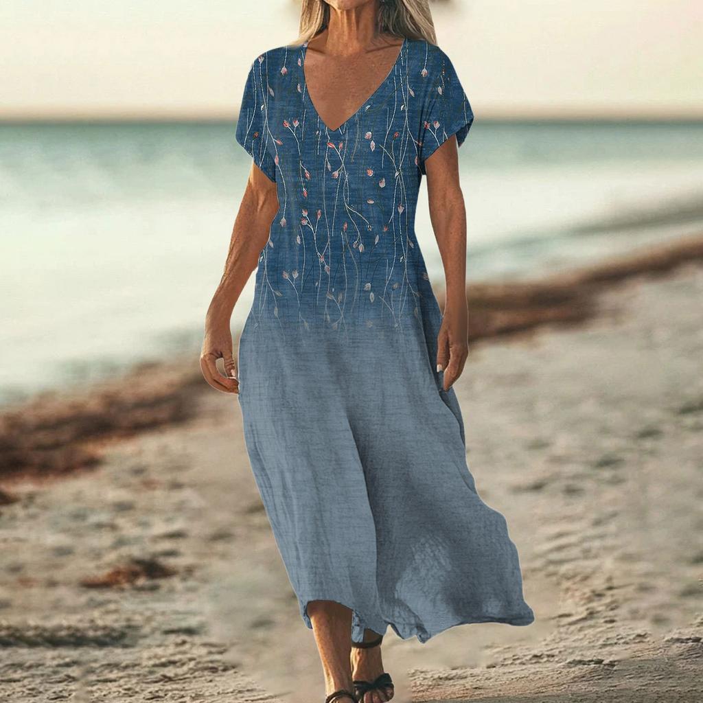 Women's Summer V-Neck Short Sleeve Cotton Linen Gradient Printed Loose Beach Dresses