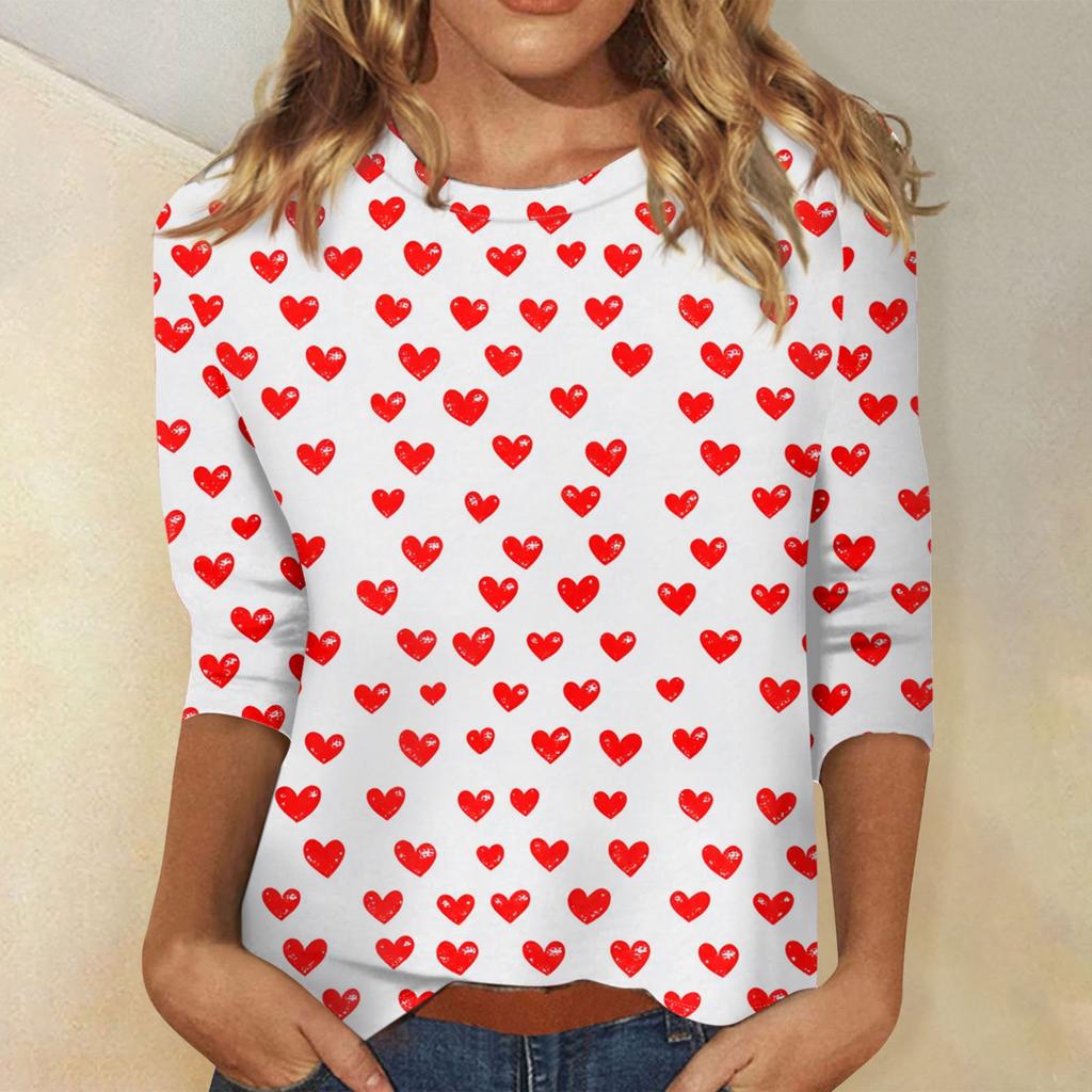 Женские топы с рукавом три четверти и круглым вырезом, свободная футболка с принтом ко Дню святого Валентина