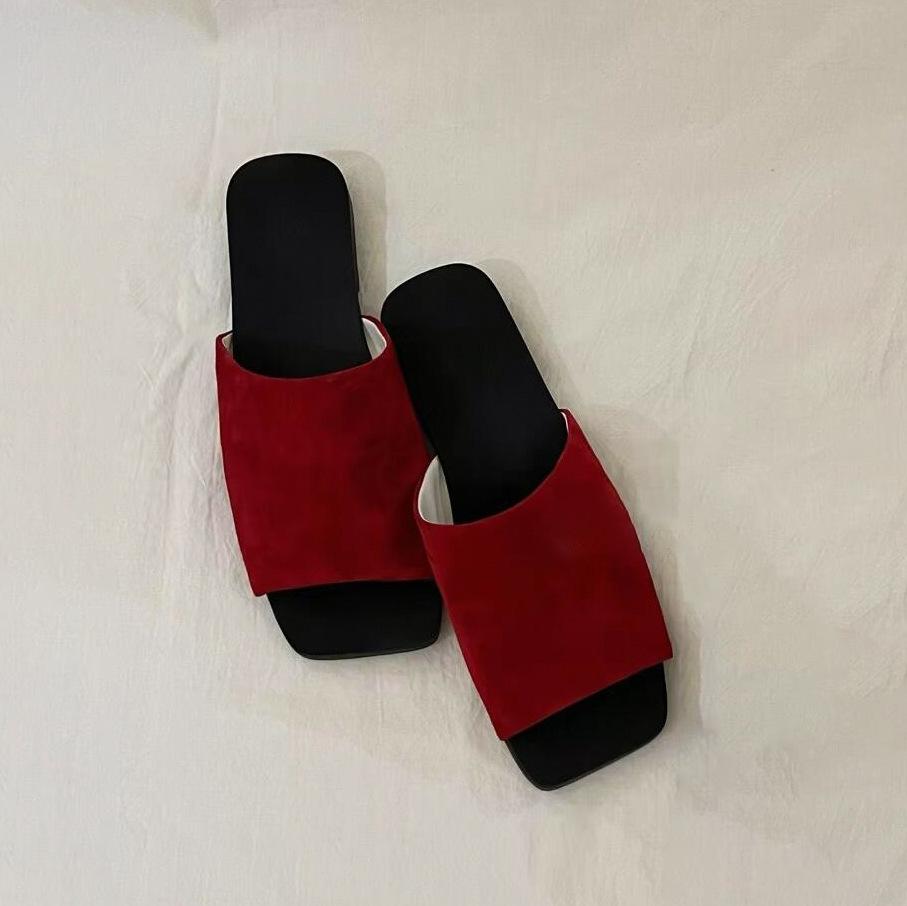 Овчина~ Корейская версия квадратного носка со шлепанцами на плоской подошве, женская летняя одежда простые кожаные шлепанцы с мягкой подошвой с открытым носком, прохладные шлепанцы