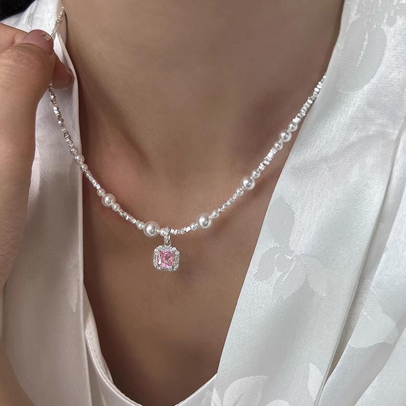Подвеска из розового циркония, сломанное серебро, жемчужное ожерелье, изысканная женская индивидуальность, модный темперамент, универсальная цепочка на шею, цепочка на ключицу.