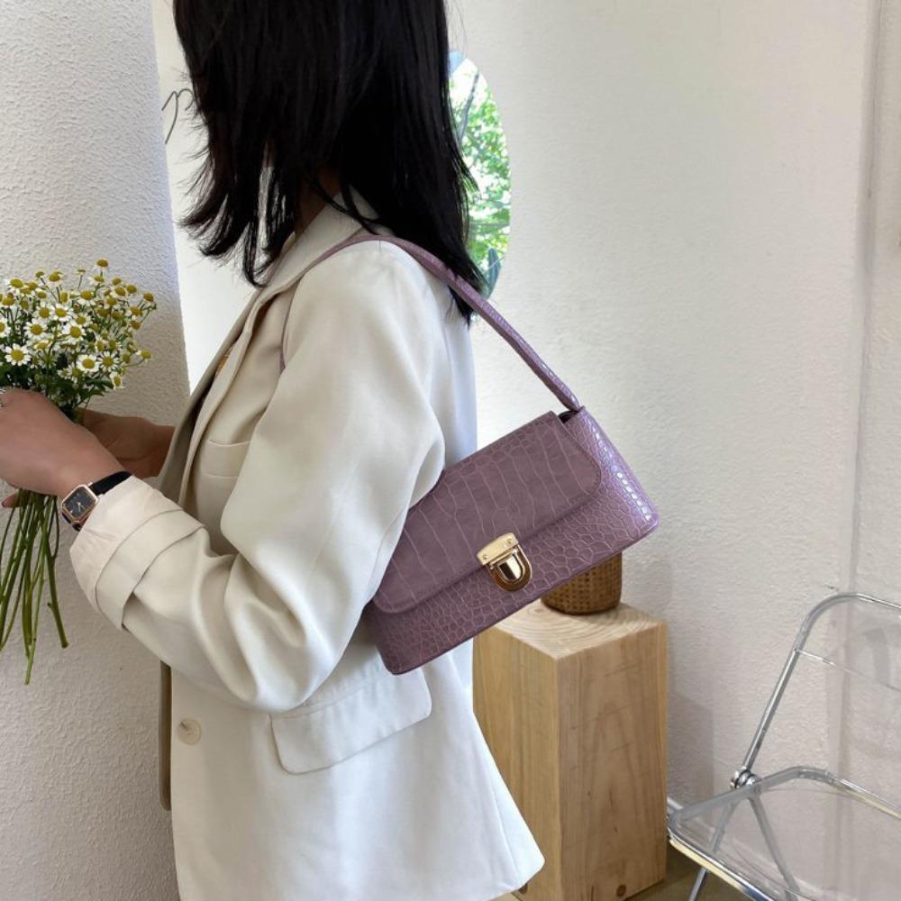 Vintage PU Leather Bag Large Capacity Rectangle Shoulder Bag Simple Stone Pattern Bag Unisex