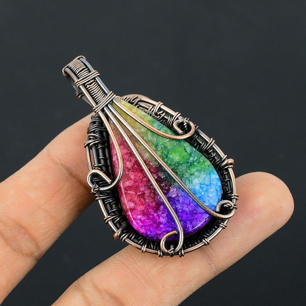 Rainbow Solar Quartz 999 Copper Wire Wrapped Pendant, Handmade Gemstone Pendant Jewelry, Gifts For Wife Brand New Pendant