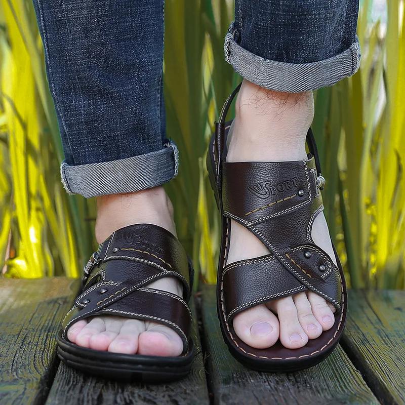 Men's Summer New Sandals Men's Leather Sandals Adult Thick-soled Beach Shoes Non-slip Open-toed Sandals Men's Slippers Outdoor