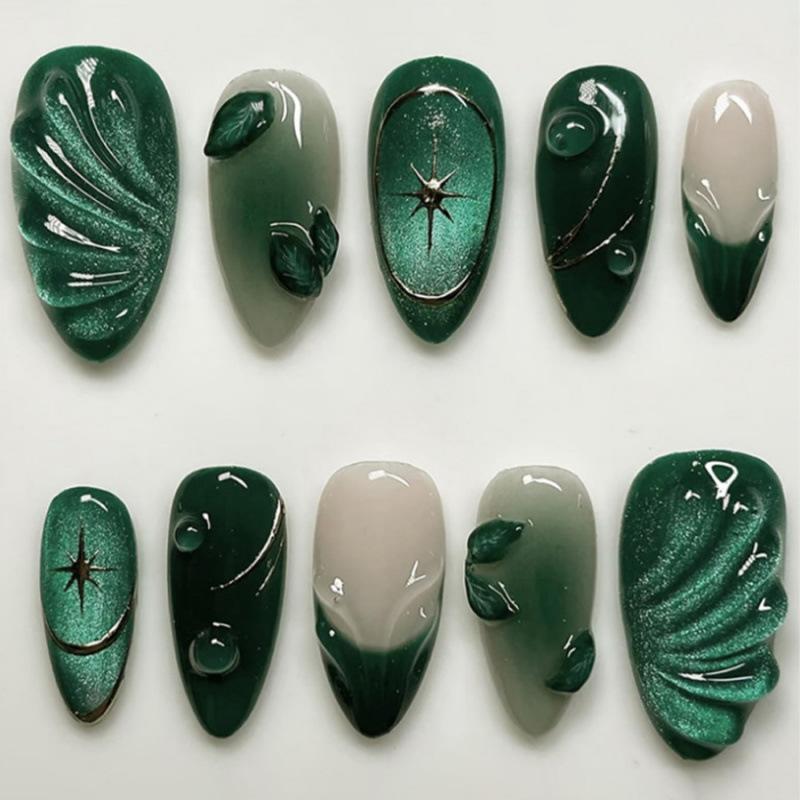 24PCS Simple Green Cat Eye French Press on False Nails with Golden Star Patterns Almond Fake Nails for Women High-quality Nails