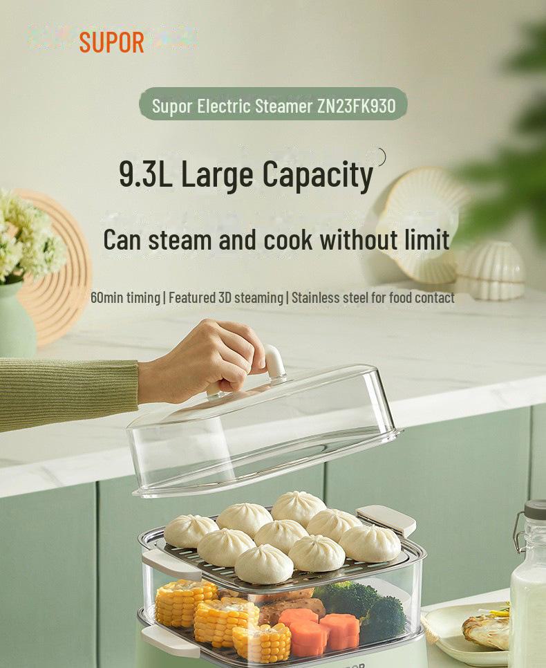 Трехуровневая электрическая пароварка Supor ZN23FK930 из нержавеющей стали с видимой решеткой и большой вместимостью.