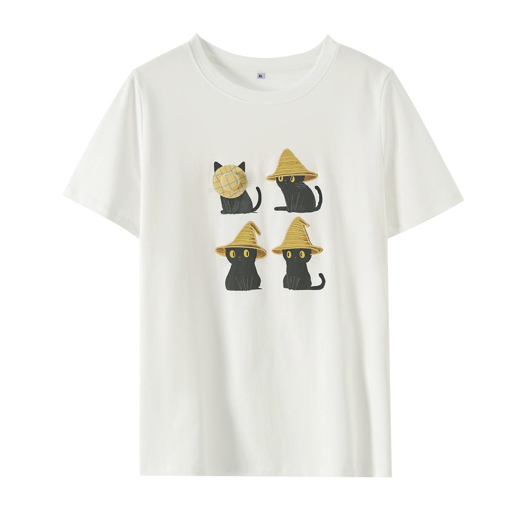 Large size women's clothing cute contrasting color cartoon print T-shirt 2026 new crew neck front shoulder top 214373