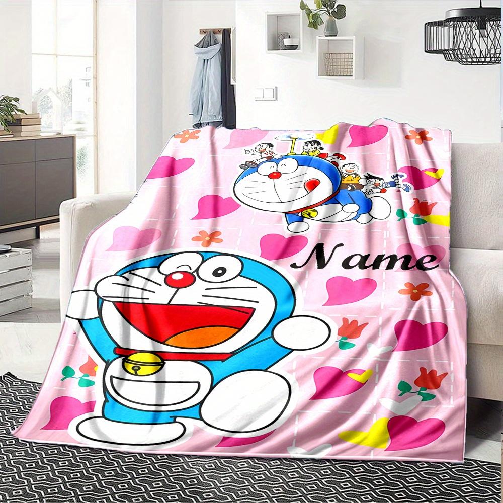 Doraemon And Friends Heart Flowers Flannel Blanket With Customizable Name Comfortable In All Seasons Suitable For Sofas Beds Travel Camping And Office