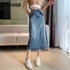 Spring and Summer Collision Denim Skirt Half-body Skirt  Women's Medium-length High-waisted Open A-line Skirt