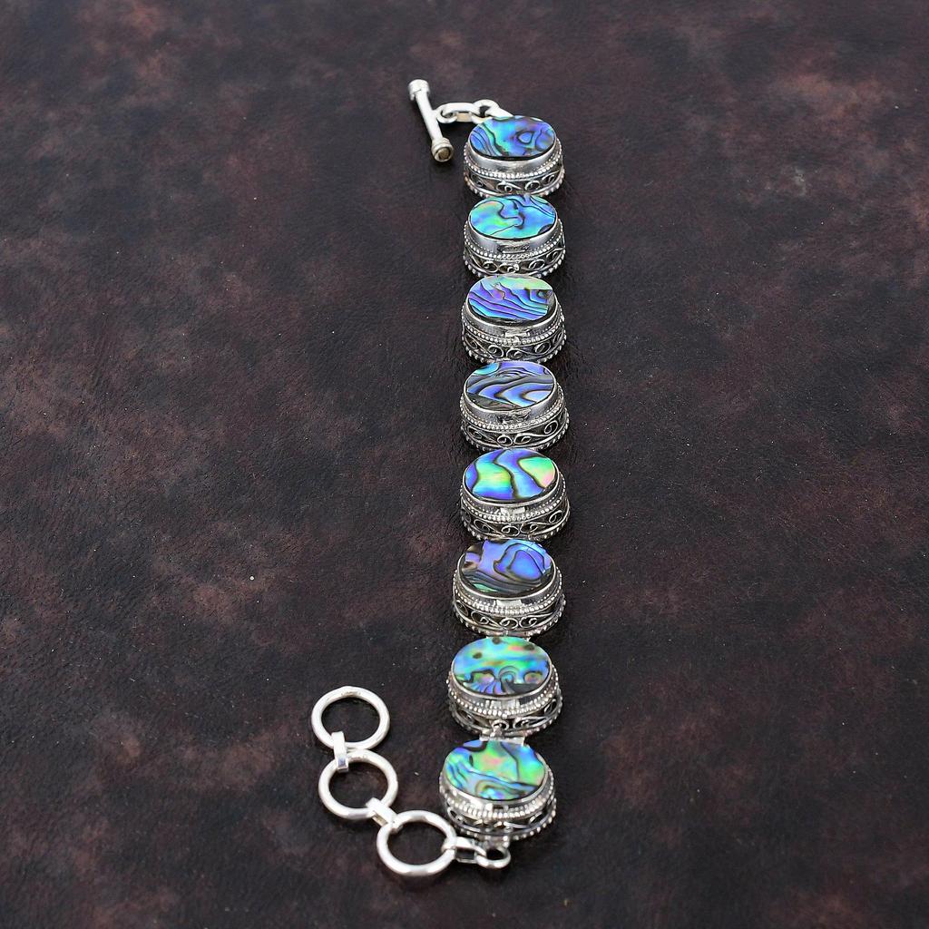 Браслет из ракушки морского ушка Ювелирные изделия ручной работы из драгоценных камней Браслет из стерлингового серебра 925 пробы Регулируемый браслет-цепочка Подарок для мамы Изящный винтажный браслет