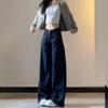Women's Winter Retro Dark Wide-Leg Jeans - Slimming, Loose Fit, Straight-Leg, Floor-Length for Pear Shapes