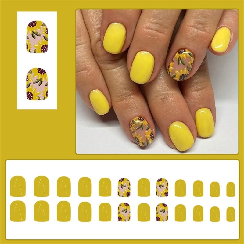24x Glossy Full Cover False Nail Short Square Press On Nail Flowers Stick on Nail Yellow Acrylic Nail