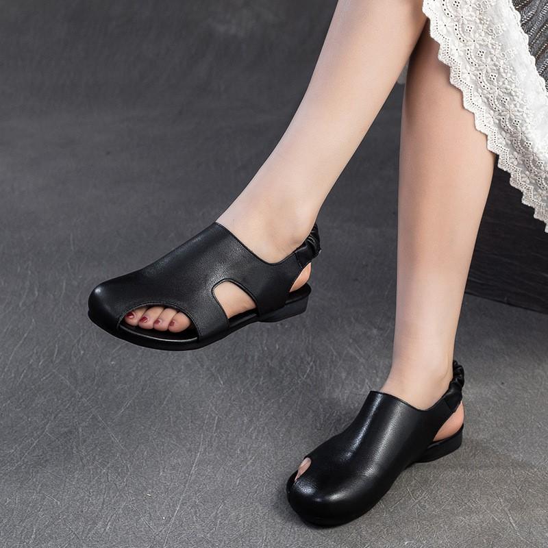 Johnature Hollow Out Breathable Comfortable Flat Sandals Retro Genuine Leather Casual Women's Shoes
