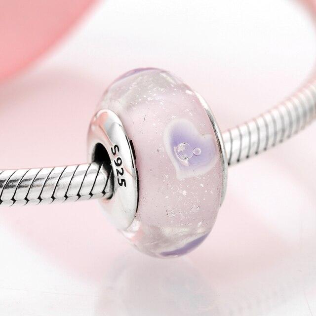 100 %Authentic 925 Sterling Silver Pink Heart Murano Glass Beads Fit Original European Charms Bracelet Jewelry
