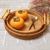 Handwoven Rattan Storage Tray with Wooden Handle Picnic Basket Bread Food Plate Snacks Fruit Cake Platter Dinner Serving Tray
