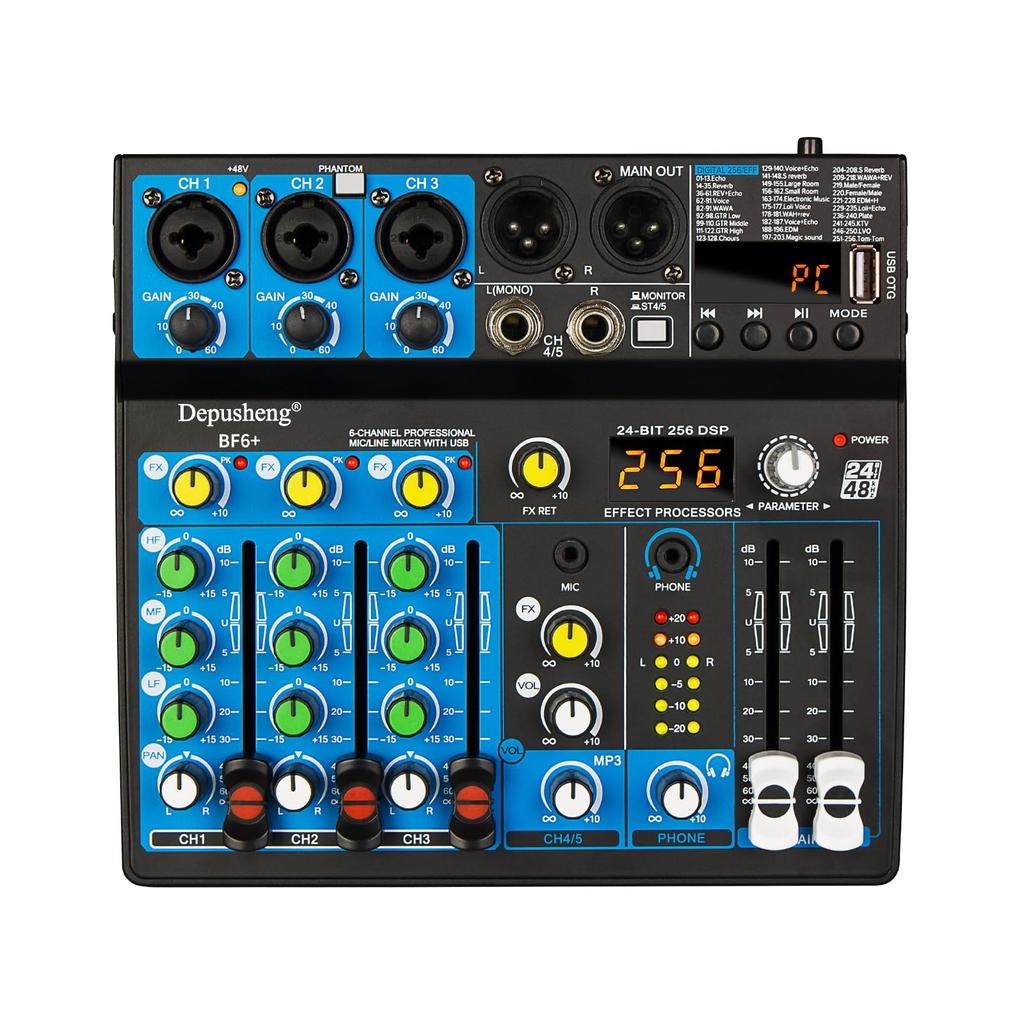 Depusheng Portable Mini Mixer 6 Channel Audio Mixer DJ Console with Bluetooth 48V Phantom USB 256 DSP for PC Recording Webcast Party BF6+ Function,