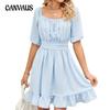 Летние женские однотонные свободные платья с квадратным вырезом и короткими рукавами и открытой спиной