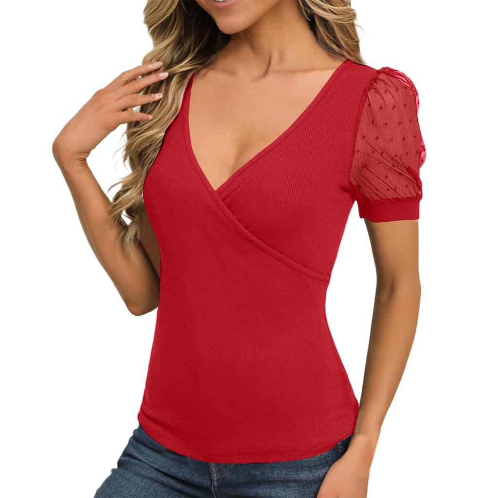 Women's Tops Deep V Neck Cross Wrap Sexy Tops Polka Dot Mesh Short Sleeve T Shirt Casual Blouses