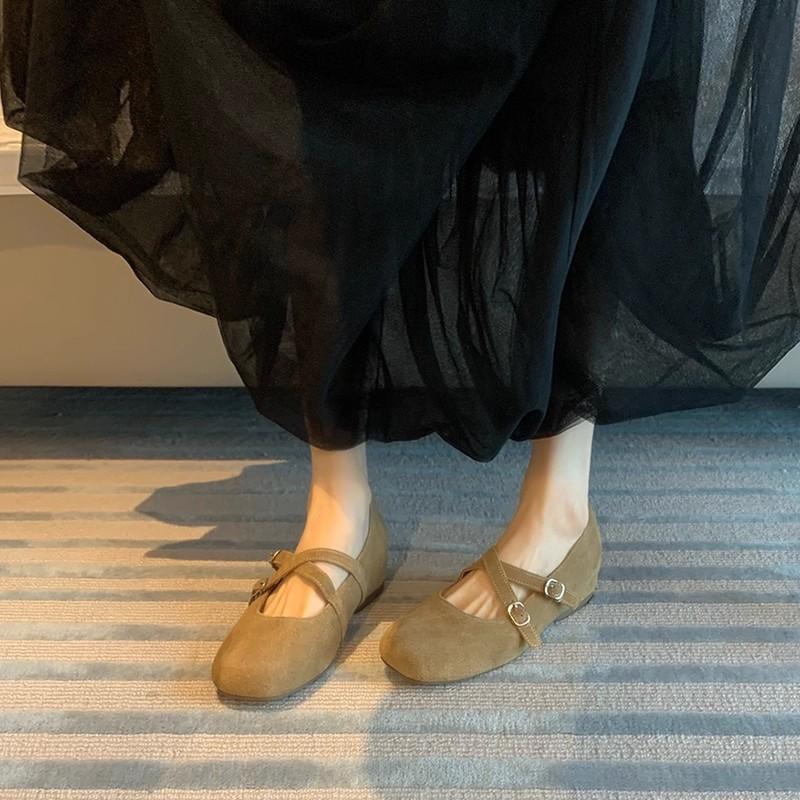 Sheepskin Version! Retro Mary Jane Shoes Niche Square Head Shallow ** Fork Belt Heightened Thick Sole Versatile Commuter Shoes