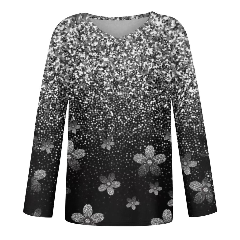 Women's Fashion Casual V Neck Long Sleeve Printed T-Shirt Ladies Top