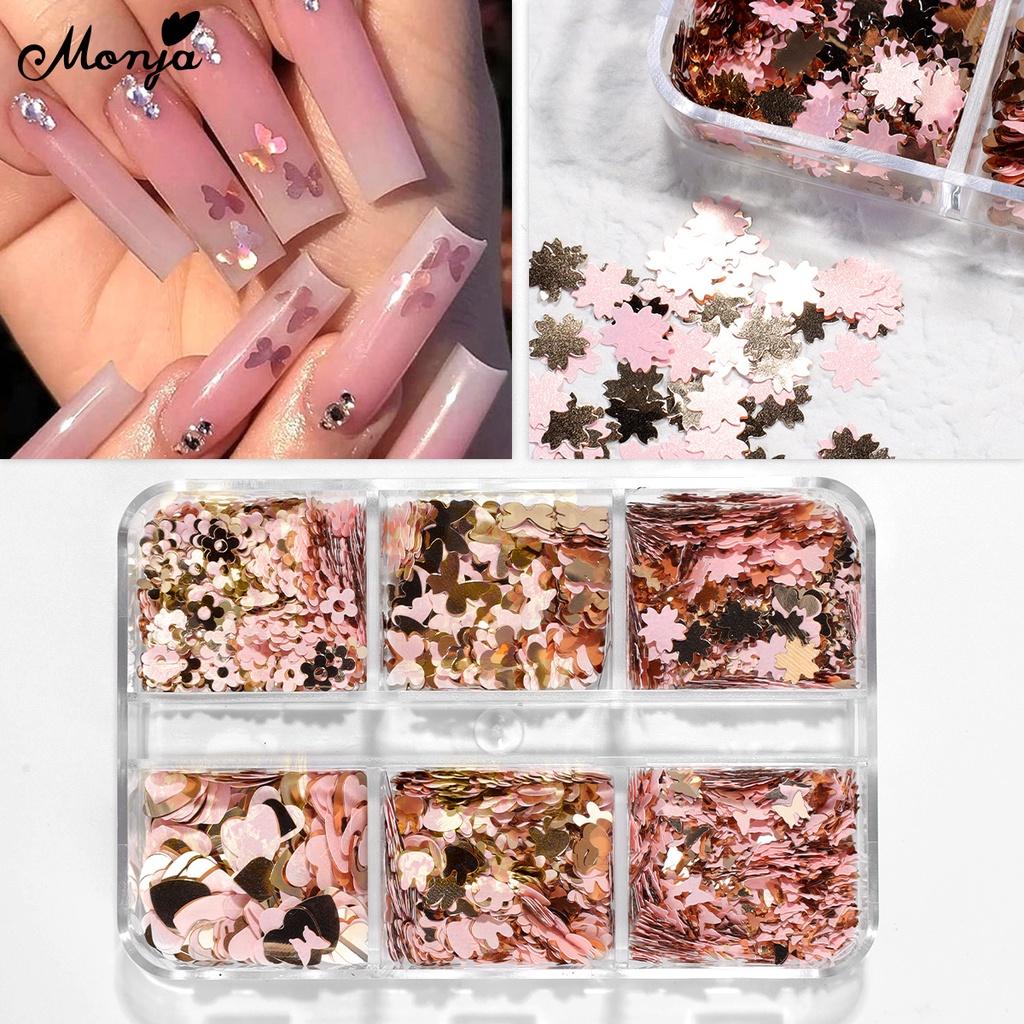 monja 6 сеток/коробка, блестящие 3D украшения для дизайна ногтей, цветы, бабочки, сердце, кролик, хлопья, пайетки, аксессуары для маникюра с блестками