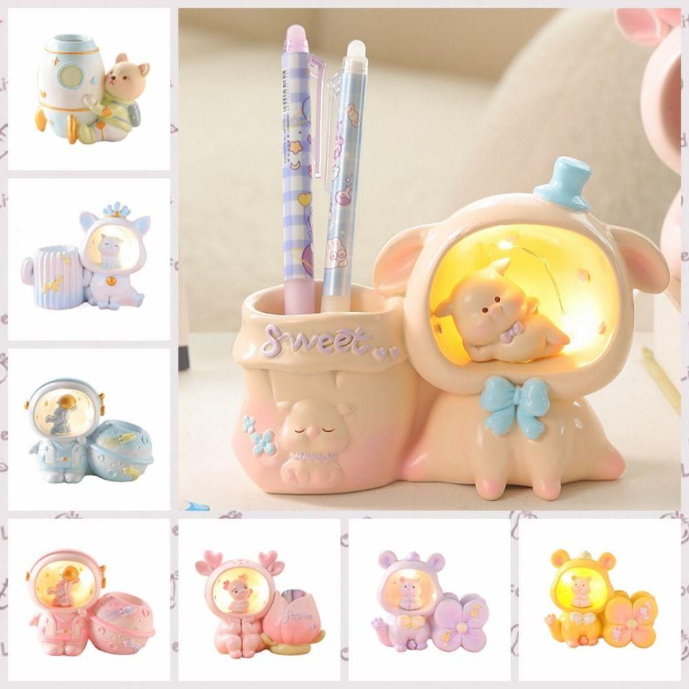Little Bear/Pig LED Night Light Cartoon Makeup Brush Holder Astronaut Ornament Children's Gifts