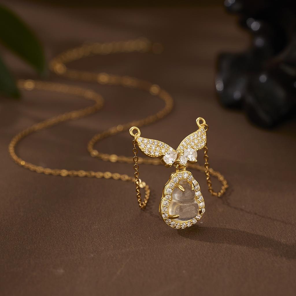 Ожерелье с крыльями ангела из стерлингового серебра 925 пробы, инкрустированное кварцитом и нефритом, для женщин, легкое, роскошное, с подвеской в виде тыквы, темпераментная цепочка на ключицу