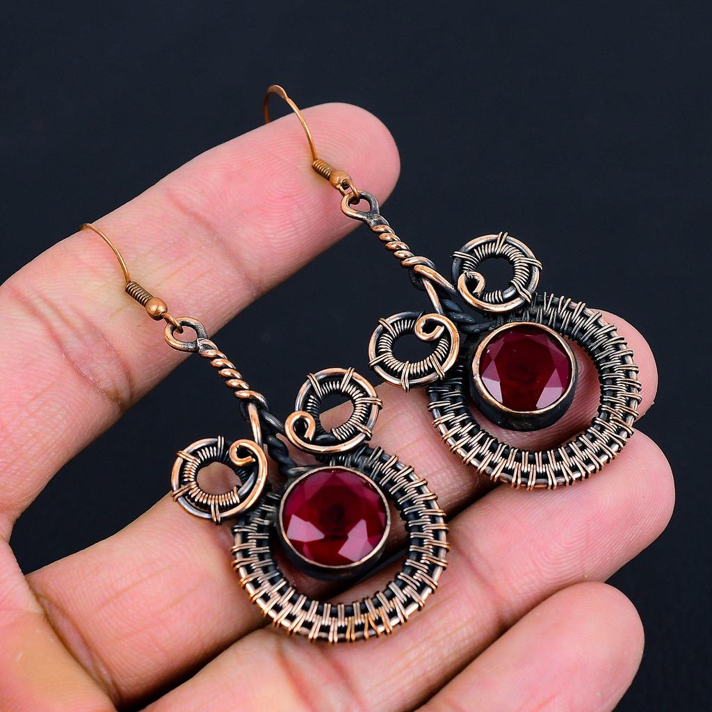 Lab-Created Ruby Gemstone Handmade Pure Copper Wire Wrapped Earrings Jewelry