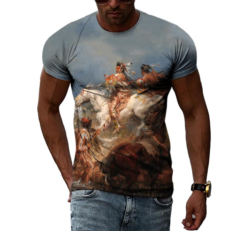 Индийские племенные вожди, летняя индивидуальная 3D печать Харадзюку, повседневная свободная дышащая мужская футболка с круглым вырезом и короткими рукавами, топ