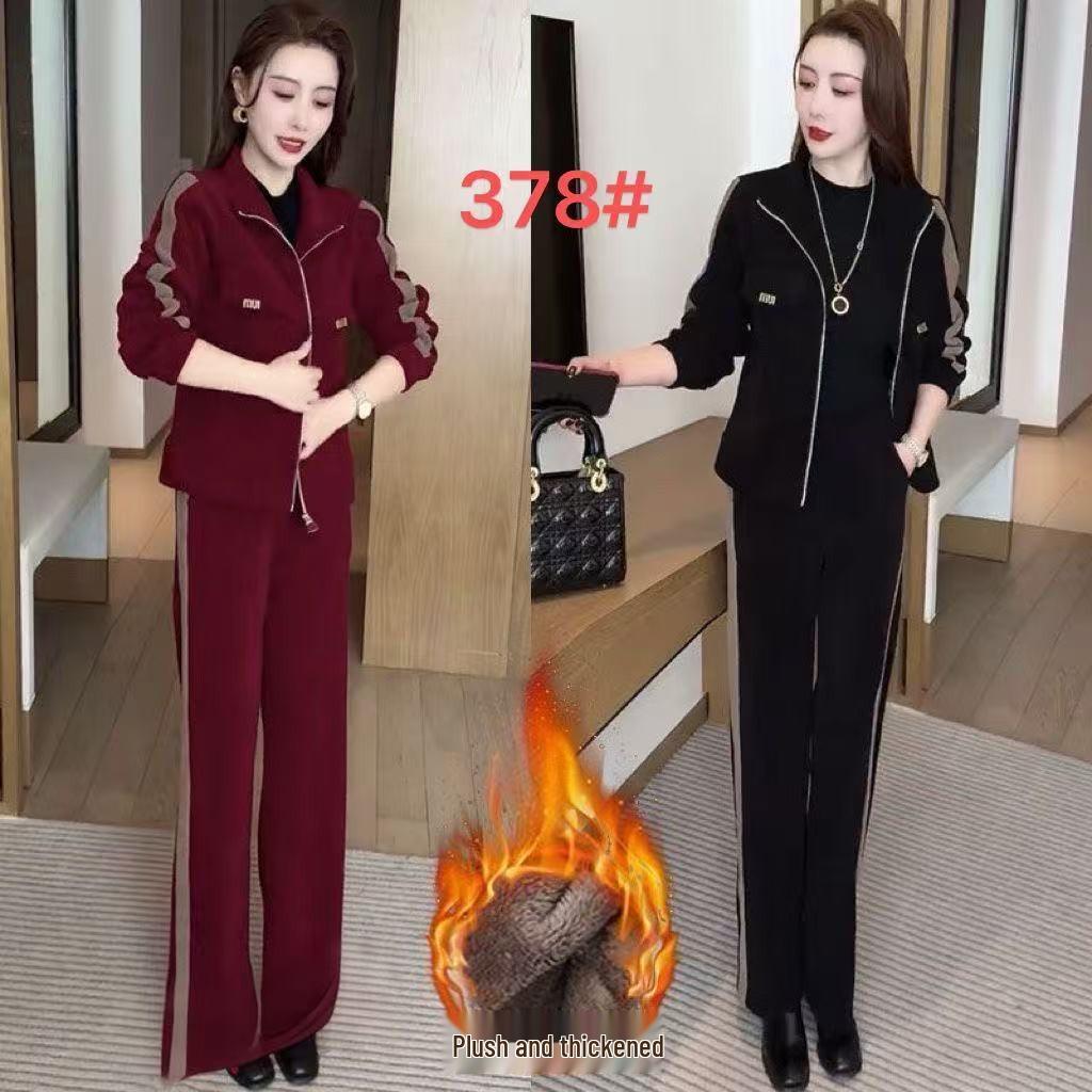 Женская зимняя мода 2025: Комплект спортивной одежды на флисовой подкладке с теплым пальто и брюками прямого кроя