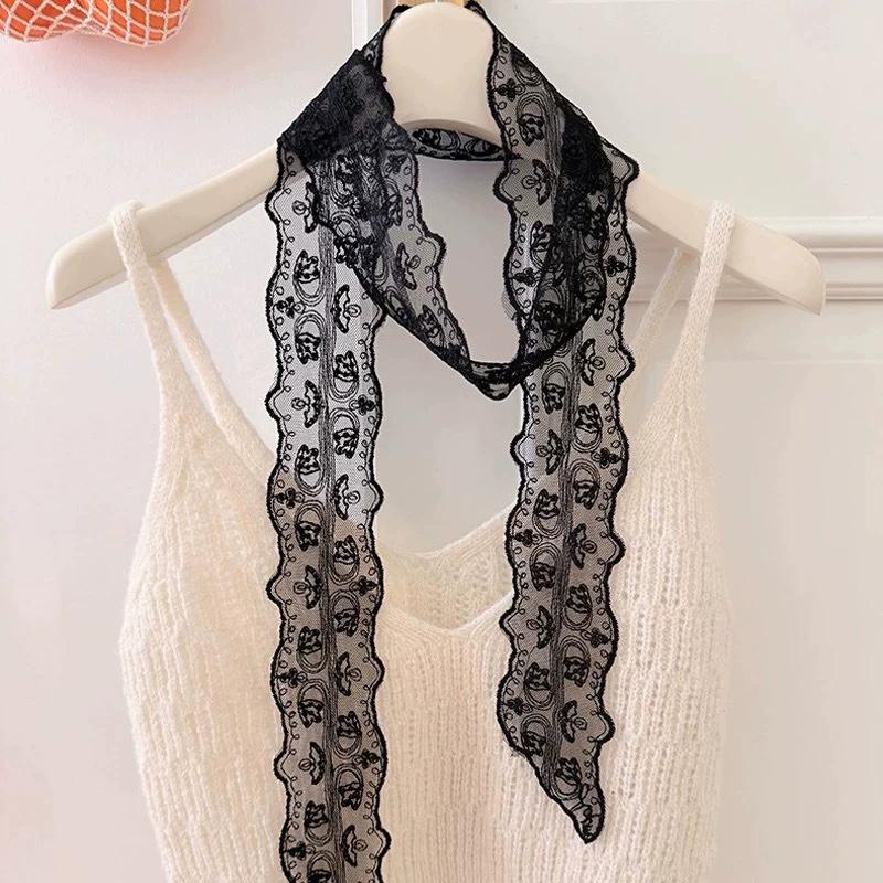 Y2K Women Narrow Long Scarf Solid Color Silk Black Bag Ribbon Headbands Choker Floral Lace Scarf