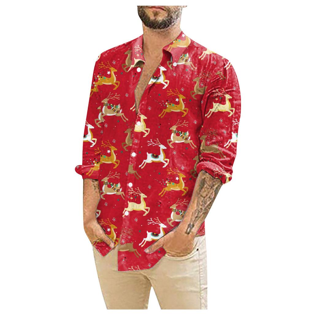Мужские рождественские рубашки с длинным рукавом и цветочным принтом, топы на пуговицах, забавная милая классическая рубашка с рисунком
