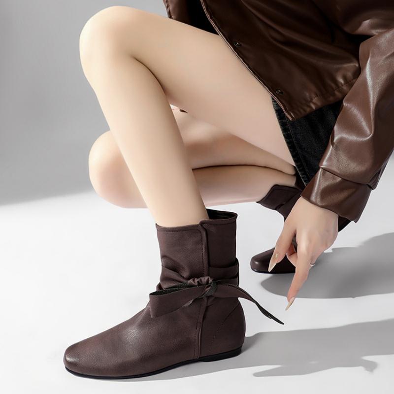Fashion Design Vintage Bow Short Boots 2025 Autumn French Style Soft Sole Non-slip Low Heel Boots Solid Color Versatile Women's Boots