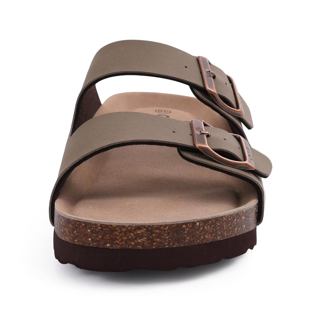 Fashion Comwarm Men's Cork Footbed Slides Sandals Arch Support Summer Outdoor Sandals with Adjustable Buckle Leisure Men Leather Slides