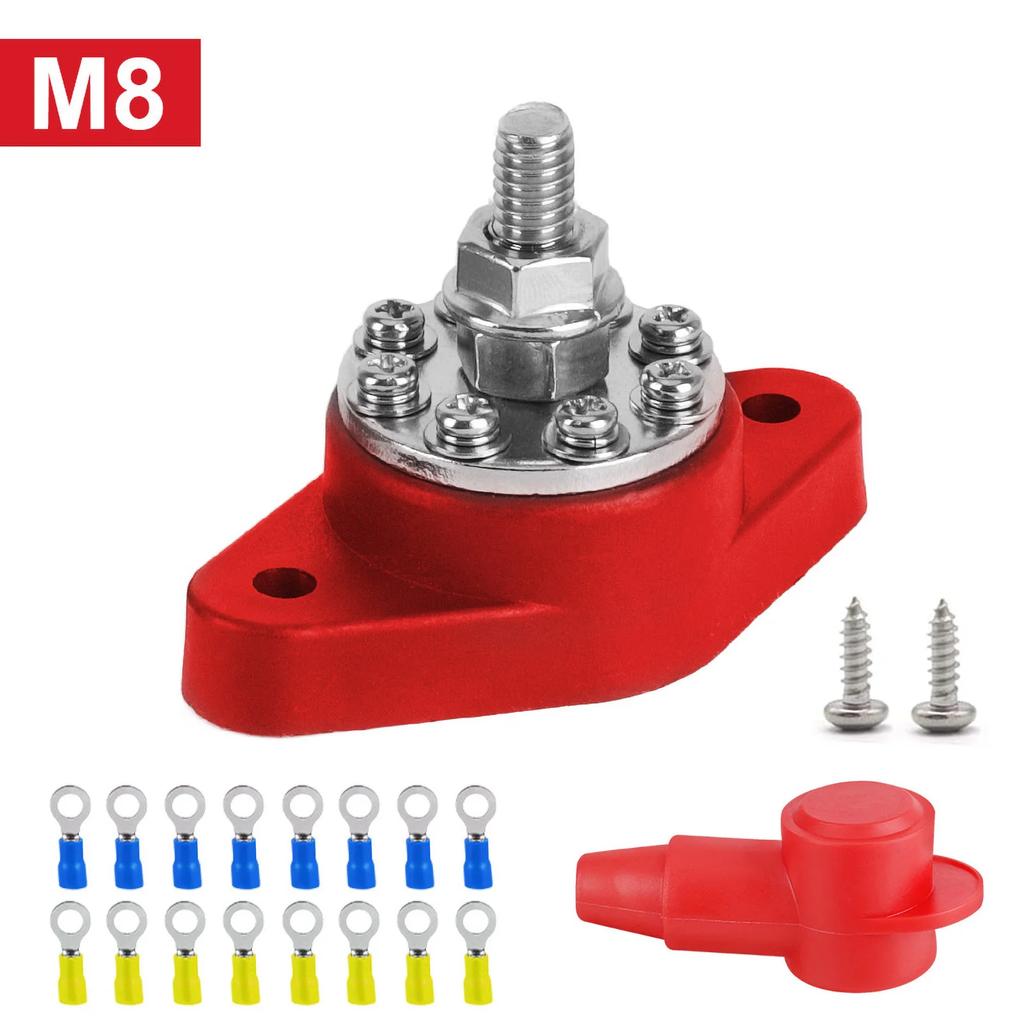 Battery Terminal Block Stud with Protector Bus Bar Electrical Connector M10 M8 M612-48V Black Red For Truck RV Boat Camper Car