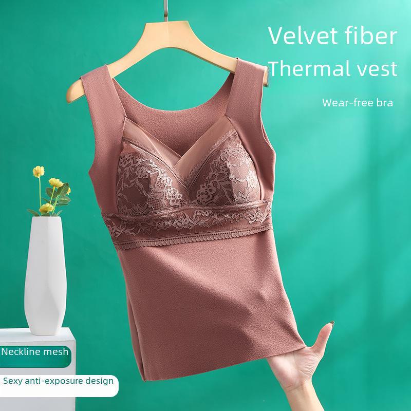 806 Women's German Velvet Lace Vest with Chest Pads - Double-Sided Brushed Thermal Slimming Underwear