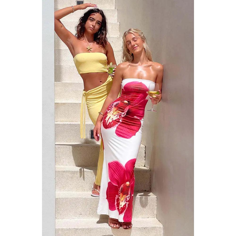 Облегающее платье с тонким цветочным принтом, открытыми плечами, без рукавов, с открытой спиной, элегантное платье, женское платье-бодикон, длинное платье-бандо для вечеринки, клуба