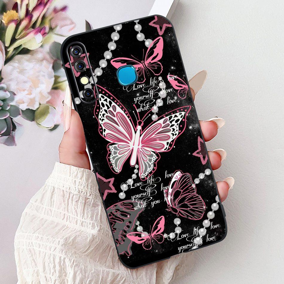 For Infinix Hot 8 Phone Case Hot 8 Lite Hot8 X650 X650C X650B X650D Elegant Floral Cat Pattern Black Silicone Soft TPU Cases
