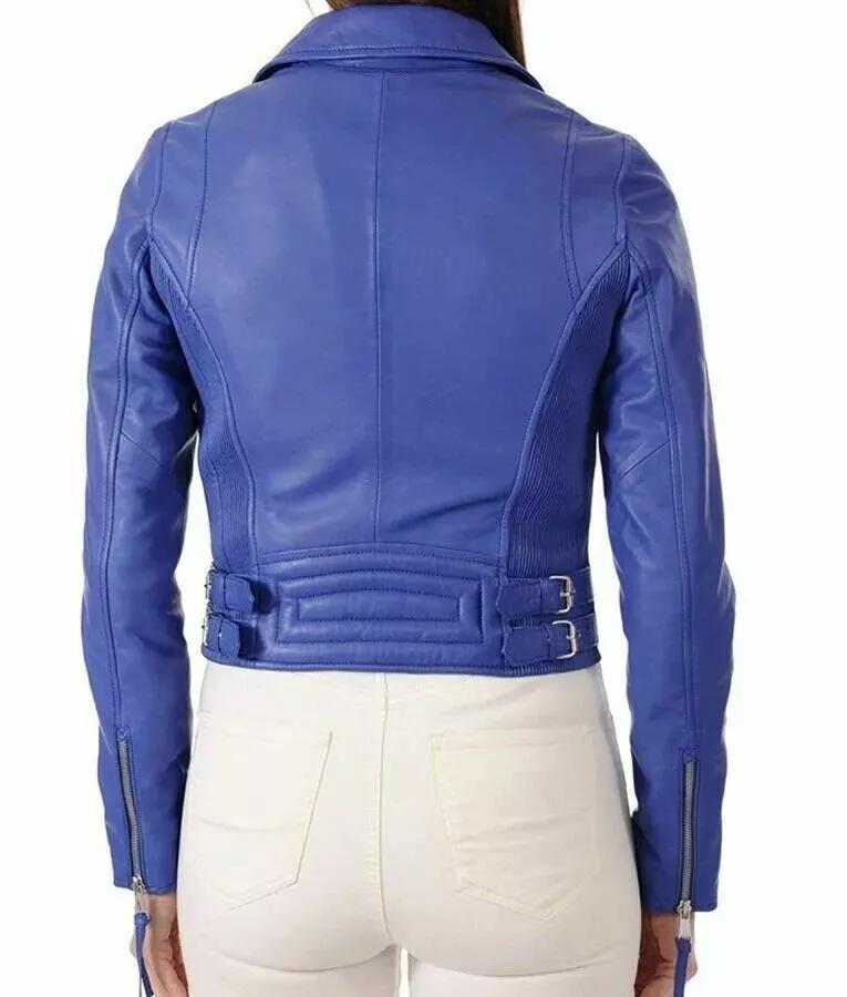 Leather Handmade Women's Jacket Blue Stylish Genuine Lambskin Biker Motorcycle Soft
