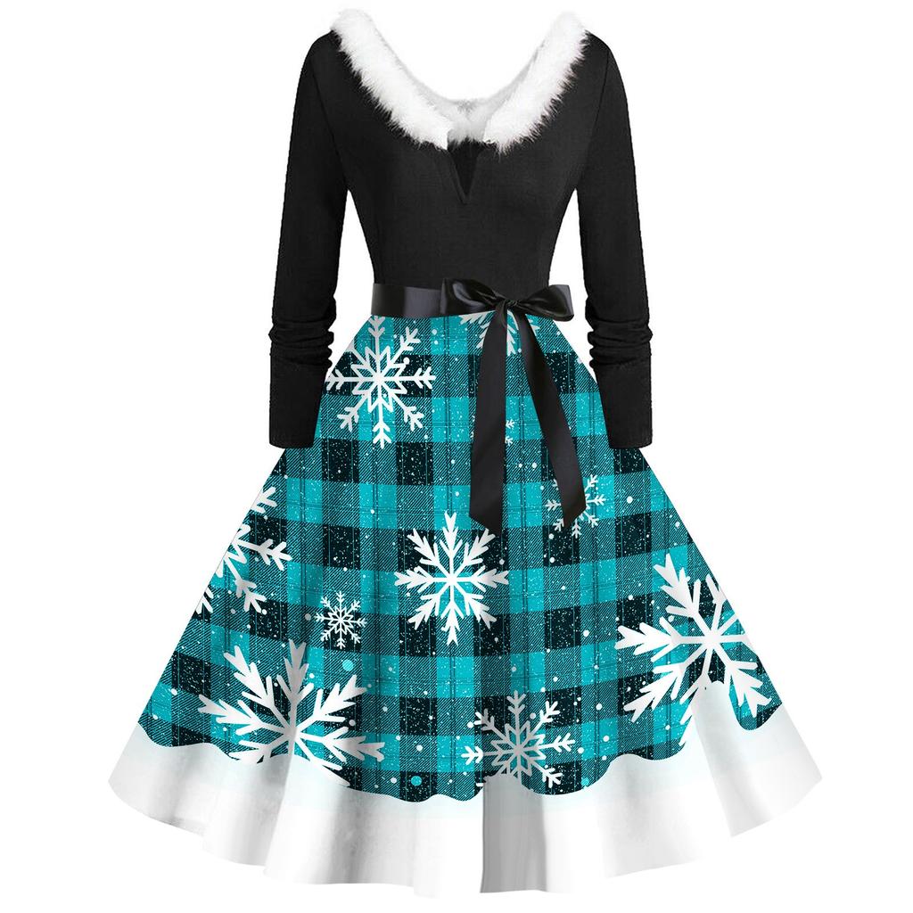 Женское повседневное и модное платье с длинными рукавами и V-образным вырезом с рождественским принтом на молнии