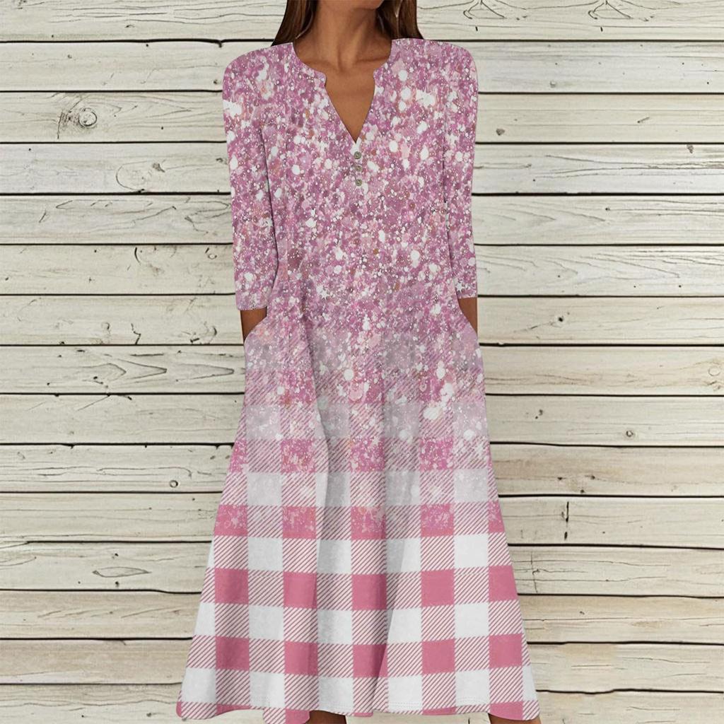 Женское летнее повседневное платье с V-образным вырезом на пуговицах, в стиле ретро, с геометрическим принтом, рукавами три четверти и карманами