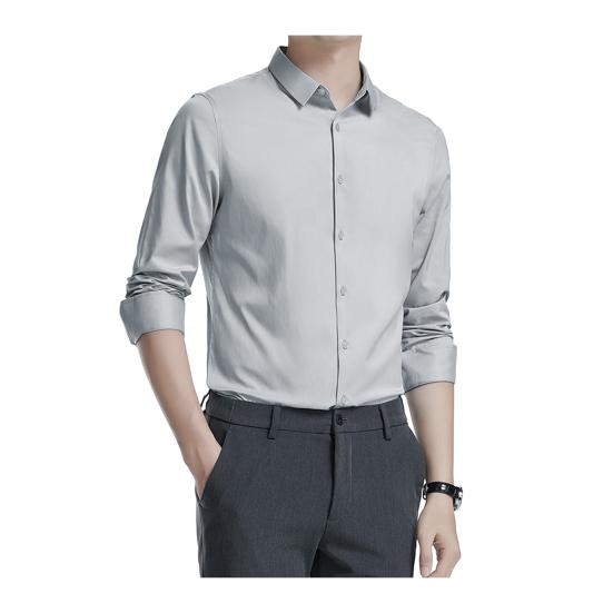 Мужская рубашка весна-осень с отложным воротником, облегающая, эластичная, однобортная, с длинными рукавами, однотонная, средней длины, для деловых мероприятий, офиса