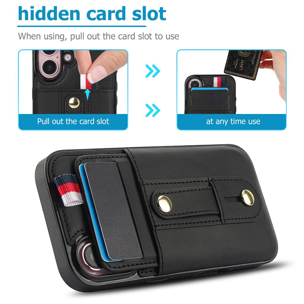 For iPhone 16 Case PU Leather+TPU Hidden Card Holder Drop-proof Phone Cover with Kickstand
