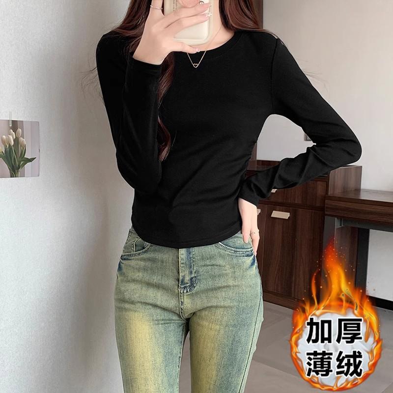 Pure cotton long-sleeved bottoming shirt for women's autumn and winter new curved hem irregular T-shirt with velvet top inside