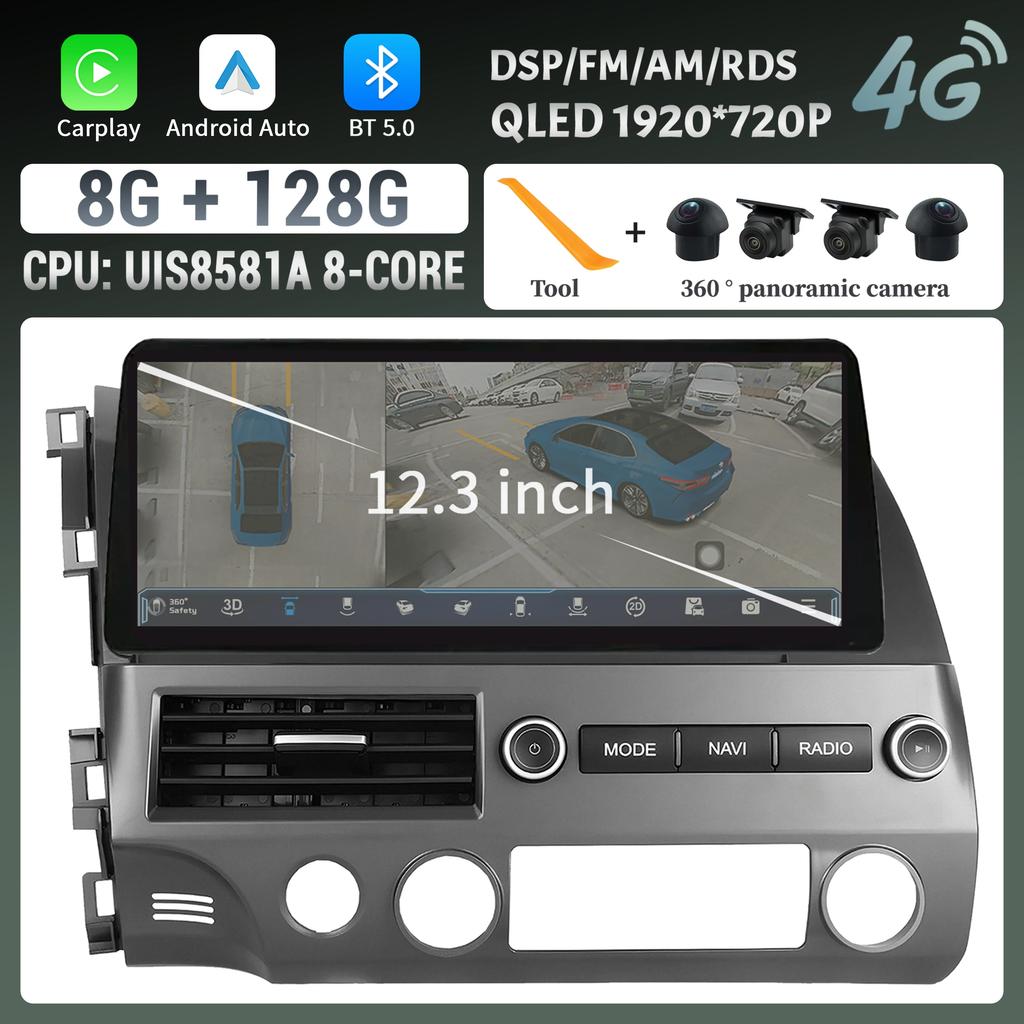 12.3" For Honda Civic 2005-2012 Car Radio Navigation Wireless BT CarPlay Android Multimedia 4G GPS Touch Head Unit Screen Stereo