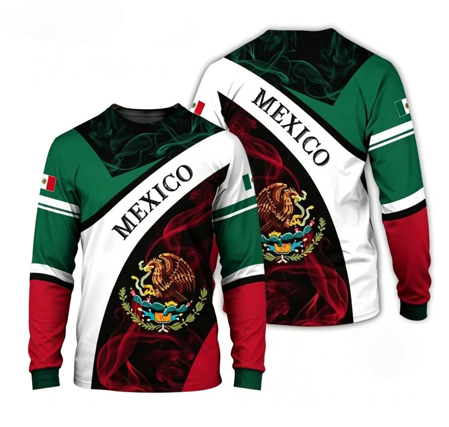 Men's 3D printed Mexican flag long sleeved fashionable round neck top street style Harajuku style long sleeved T-shirt